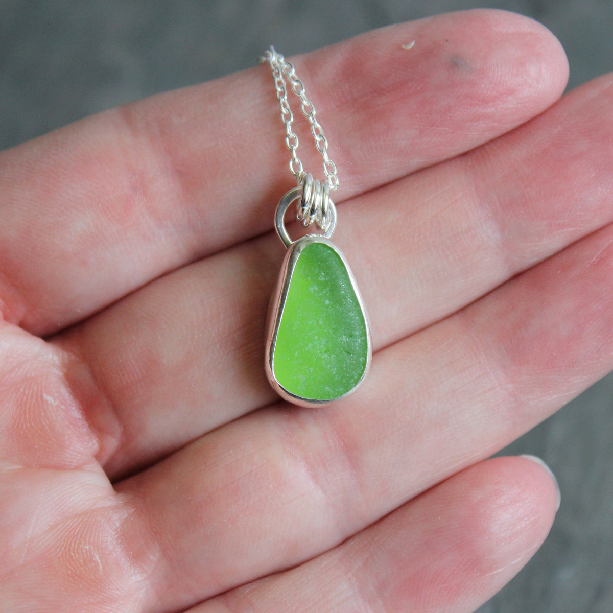 Bright Green Sea Glass Necklace • Handmade • Sterling Silver • Beach Jewelry Gift for Her
