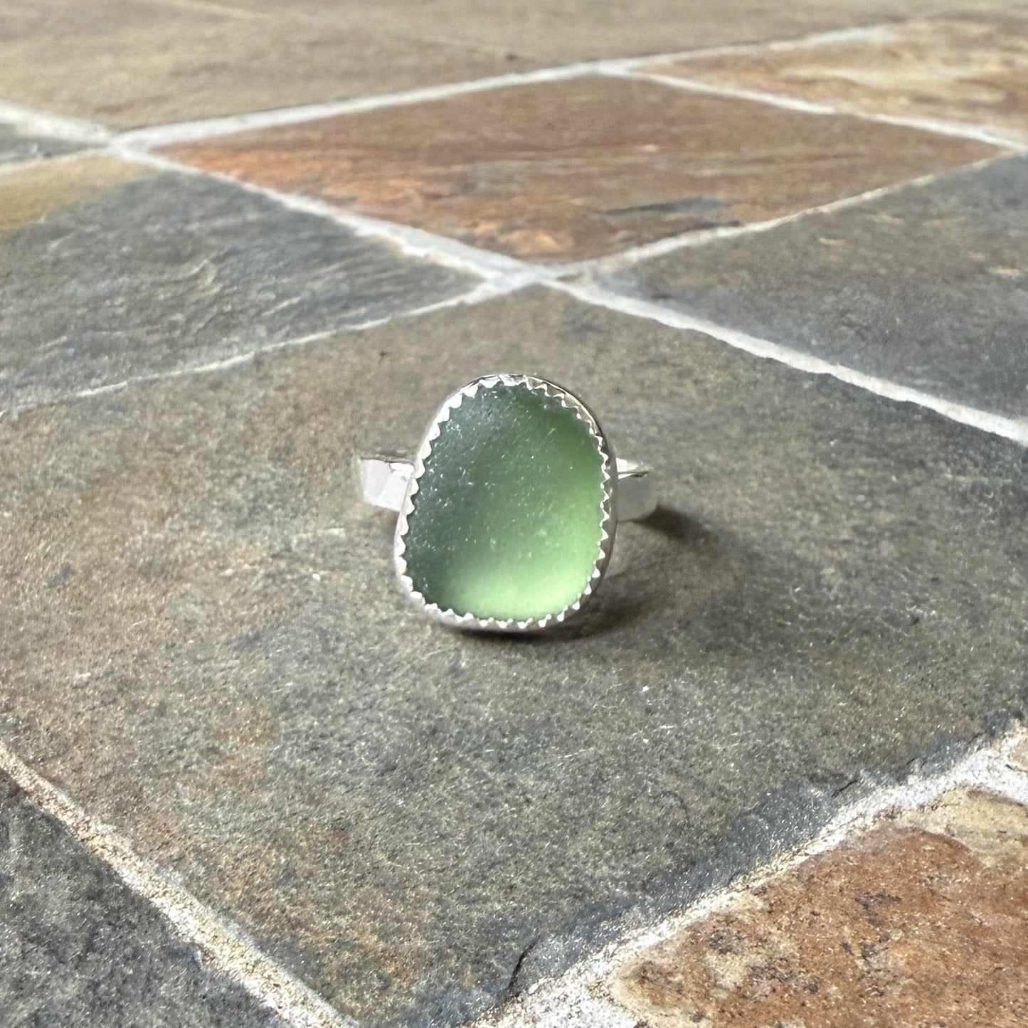 Sage Green Sea Glass Ring • Handmade • Sterling Silver • Beach Vacation Jewelry • Gift for Woman