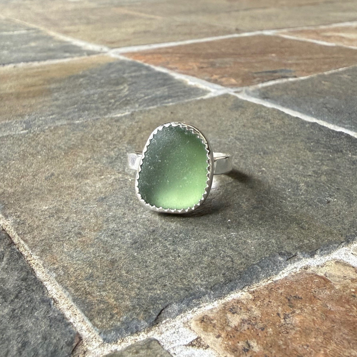 Sage Green Sea Glass Ring • Handmade • Sterling Silver • Beach Vacation Jewelry • Gift for Woman
