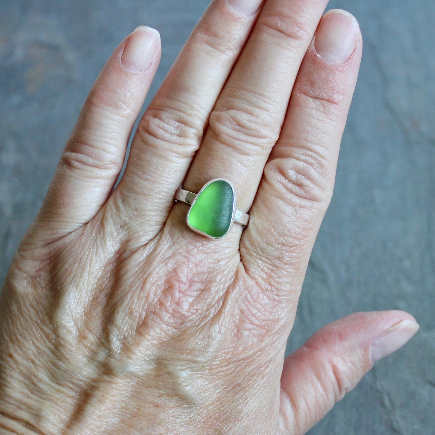 Bright Kelly Green Sea Glass Ring | Handmade | Sterling Silver | Size 9.25