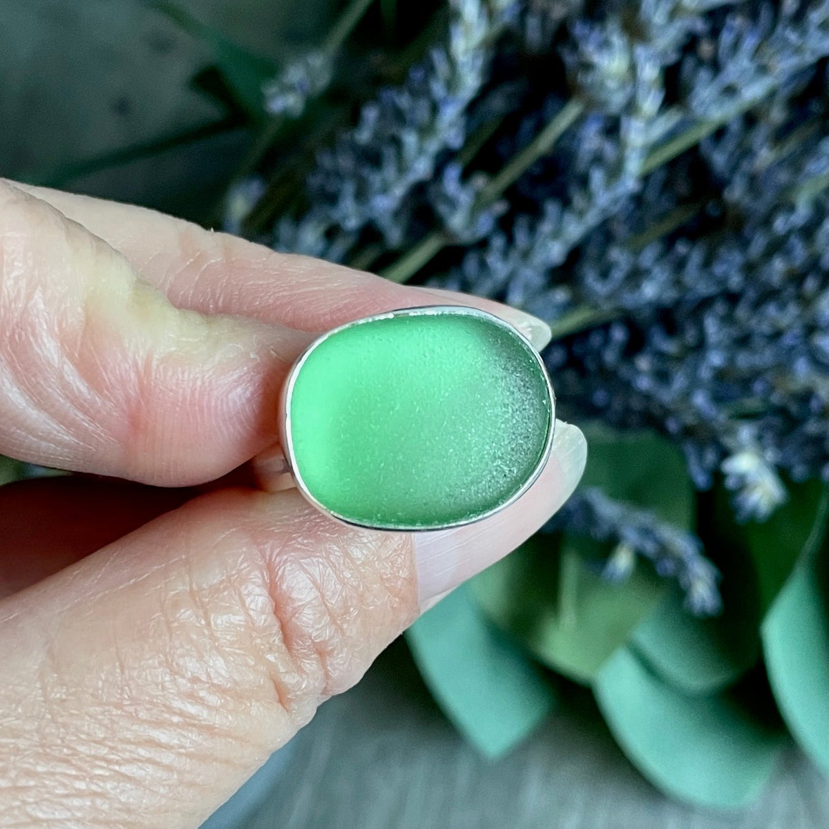Huge Green Sea Glass Statement Ring • Handmade • Sterling Silver • Beach Glass Jewelry • Size 11.5
