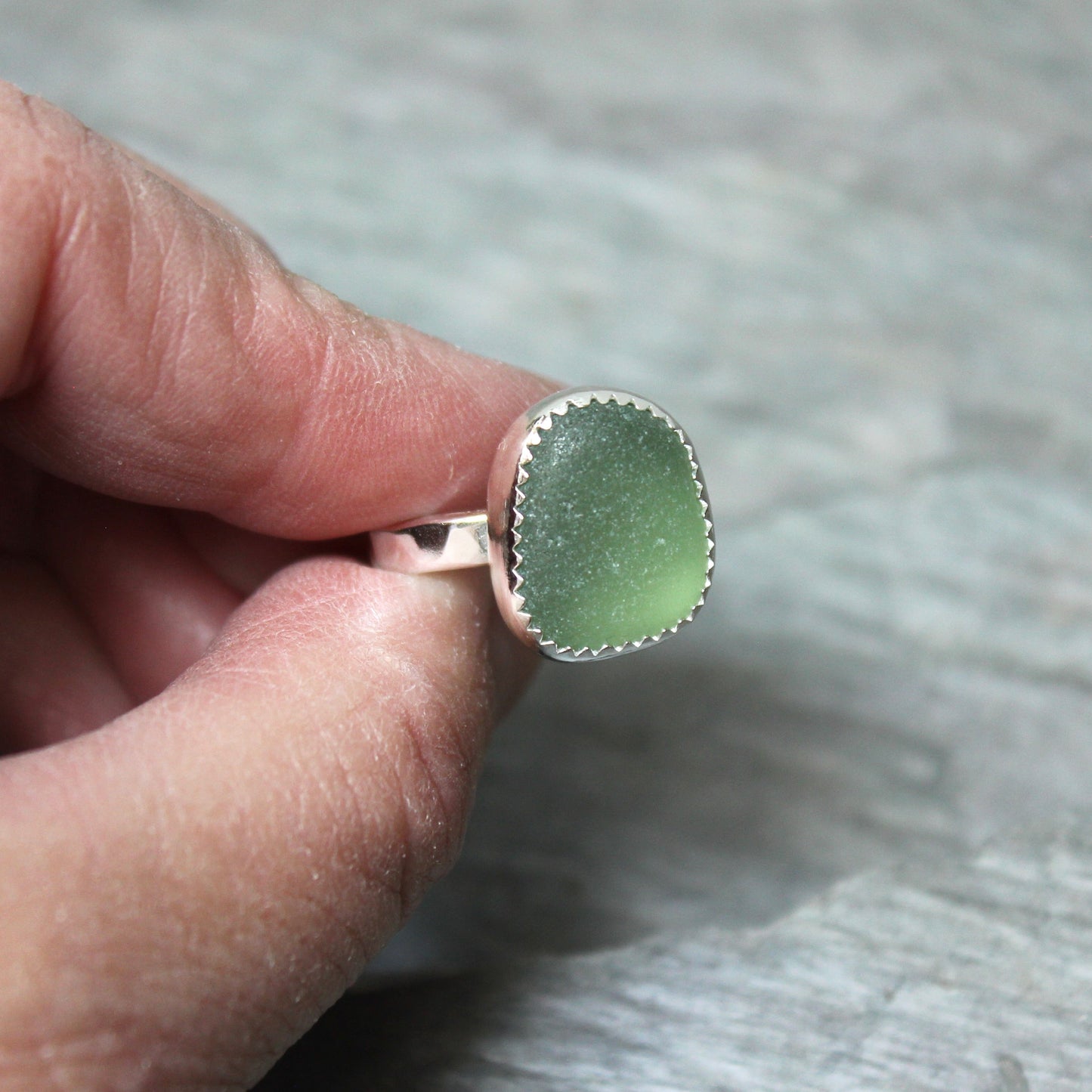 Sage Green Sea Glass Ring • Handmade • Sterling Silver • Beach Vacation Jewelry • Gift for Woman