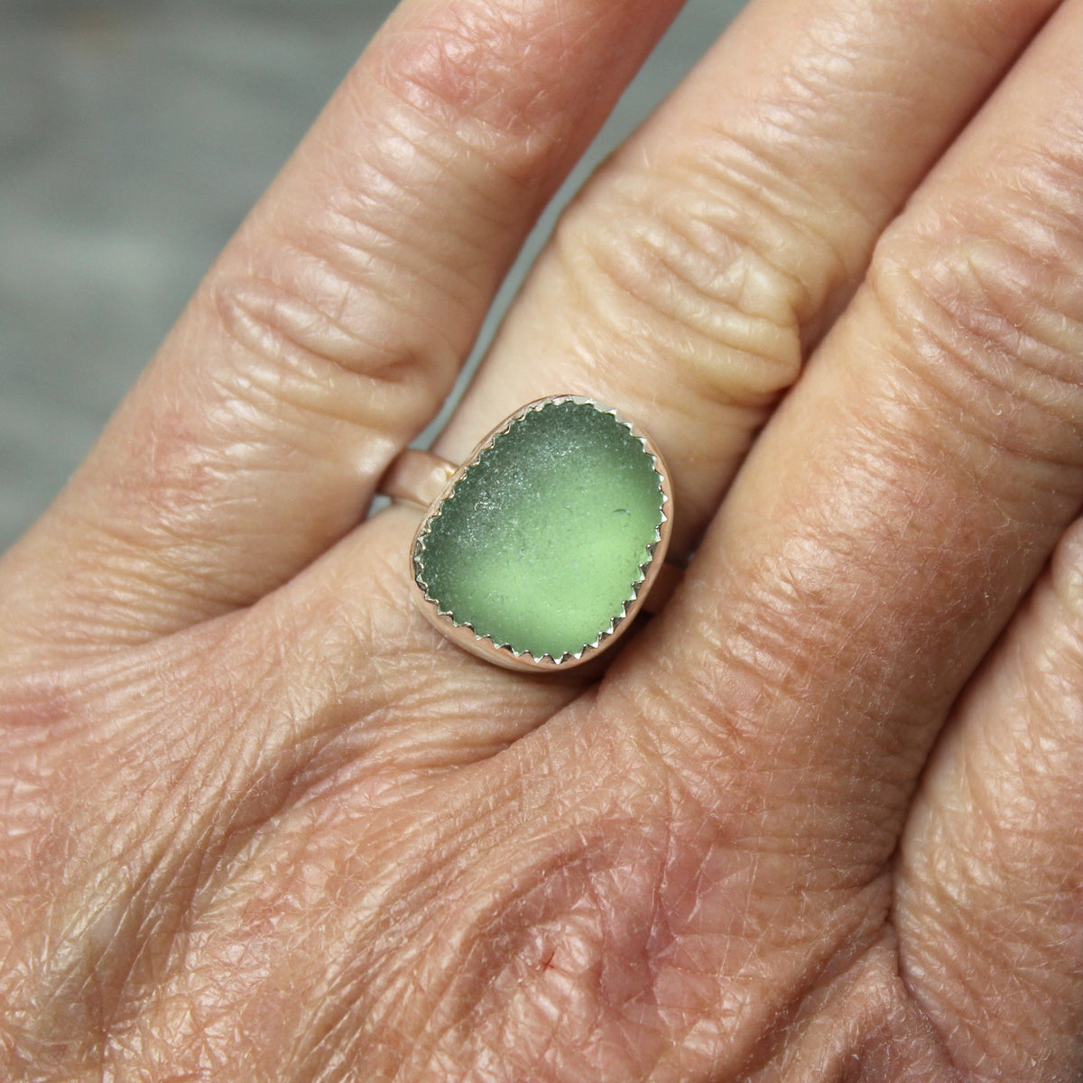 Sage Green Sea Glass Ring • Handmade • Sterling Silver • Beach Vacation Jewelry • Gift for Woman