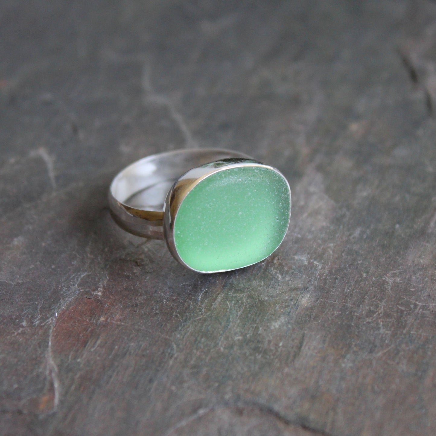 Huge Green Sea Glass Statement Ring • Handmade • Sterling Silver • Beach Glass Jewelry • Size 11.5
