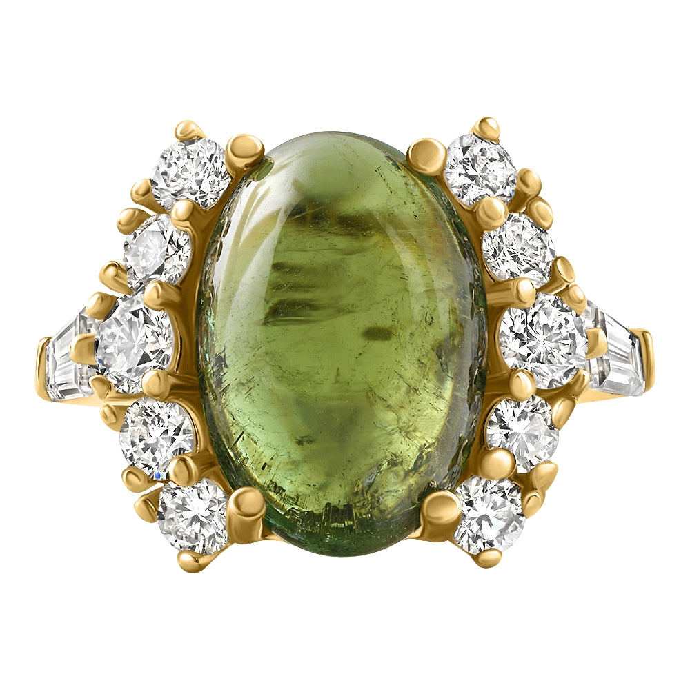 14.29Ct Green Tourmaline Heirloom Diamond Ring 14k Yellow Gold