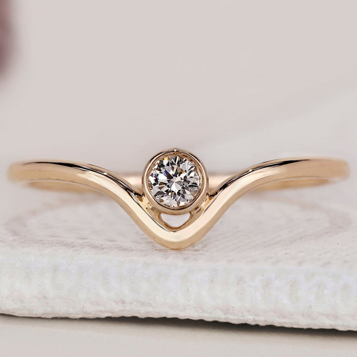 V Shaped Wedding Band - Bezel Set Diamond