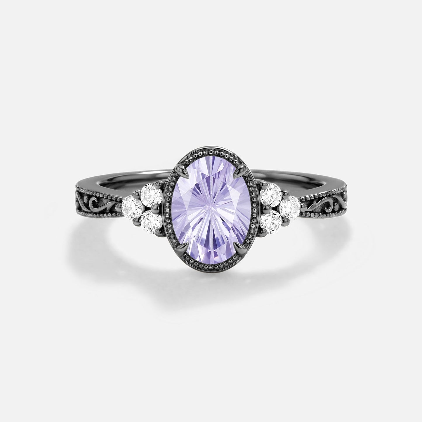Oval Engraved Firework Lab Lavender Sapphire Bezel Engagement Ring - Ilara