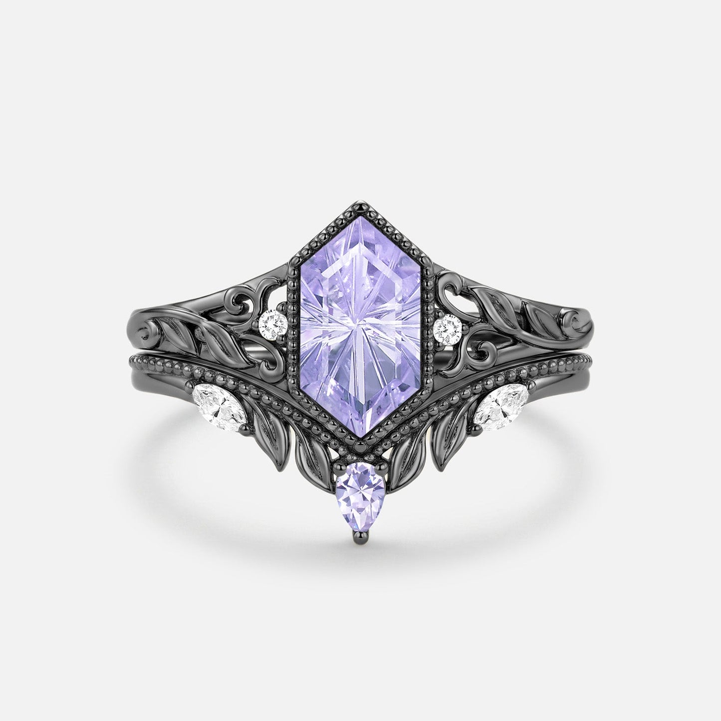 Elongated Hexagon Firework Cut Lab Lavender Sapphire Engagement Ring Set 2pcs-Margaux
