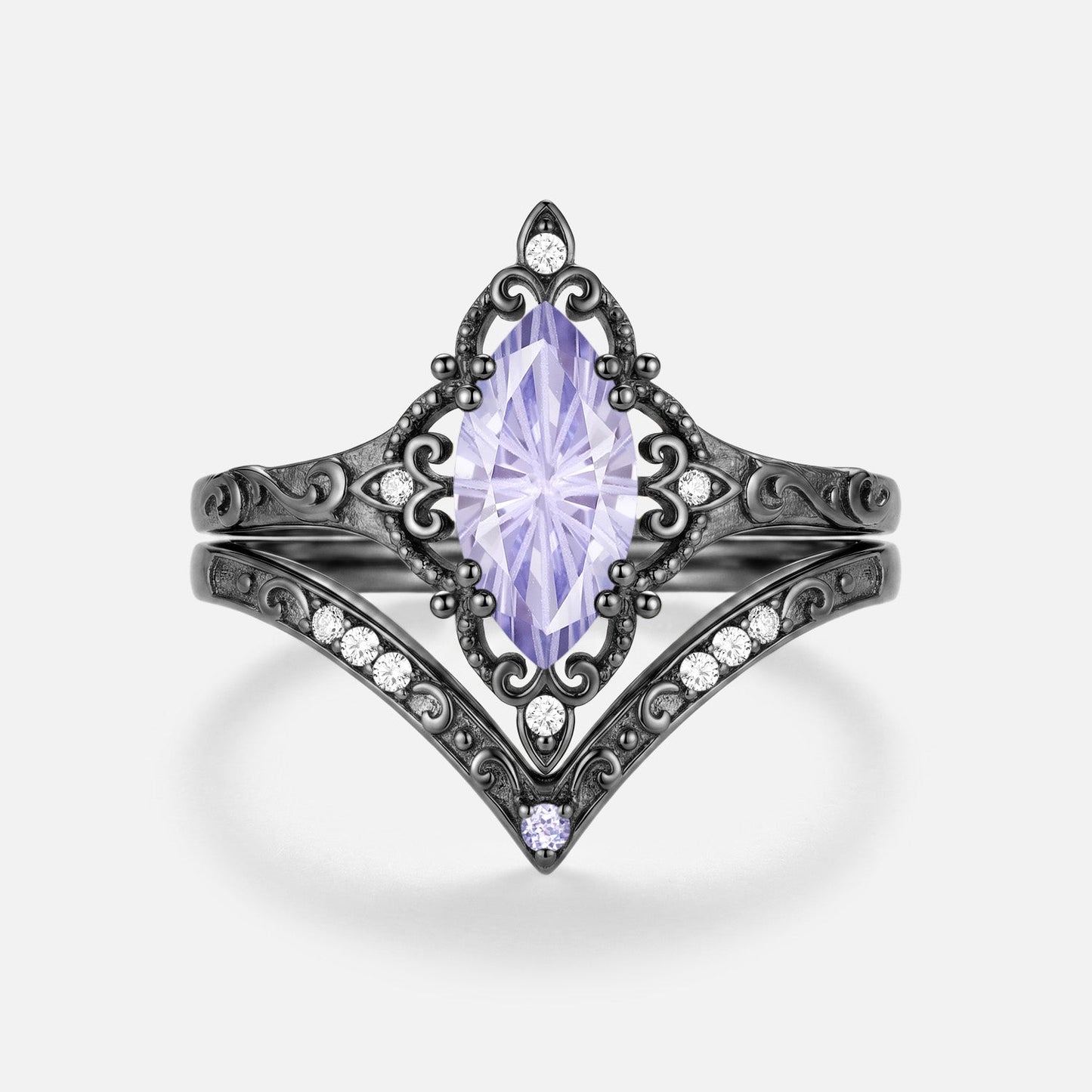 Marquise Engraved Firework Lab Lavender Sapphire Engagement Ring Sets 2pcs - Gwendolyn