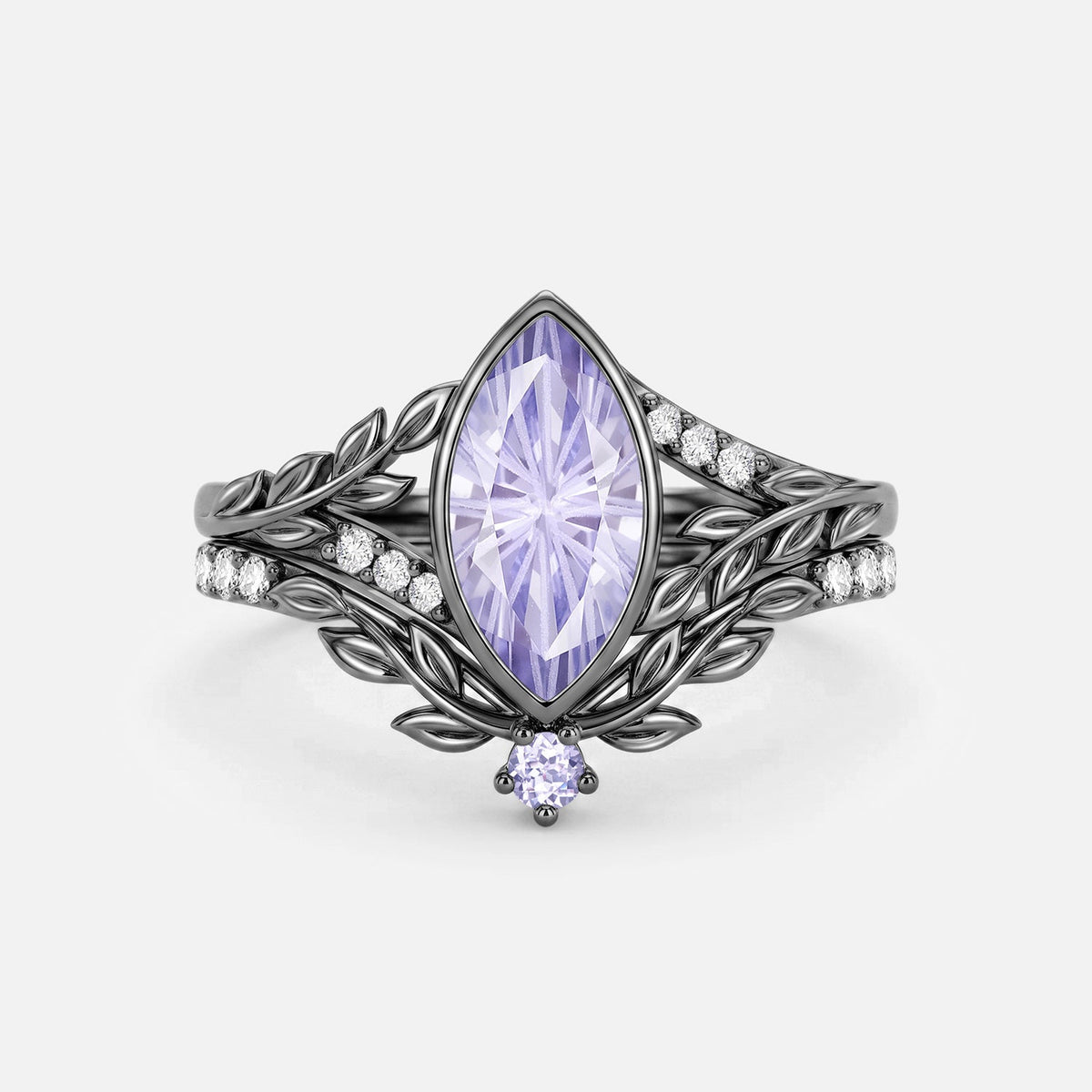 Marquise Cut Firework Lab Lavender Sapphire Bezel Leafy Engagement Ring Sets 2pcs - Nala