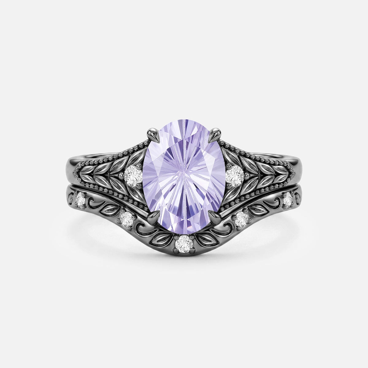 Oval Firework Lab Lavender Sapphire Leafy Engagement Ring Sets 2pcs - Phoebe