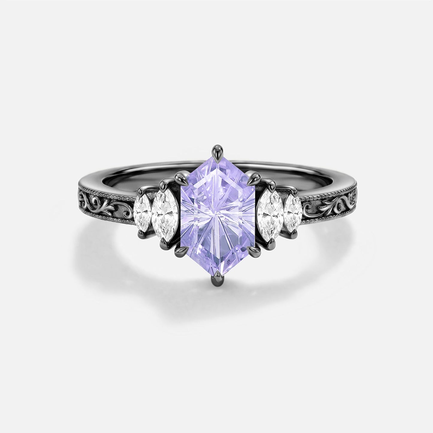 Firework Cut Lab Lavender Sapphire Hexagon Engagement Ring - Thessaly