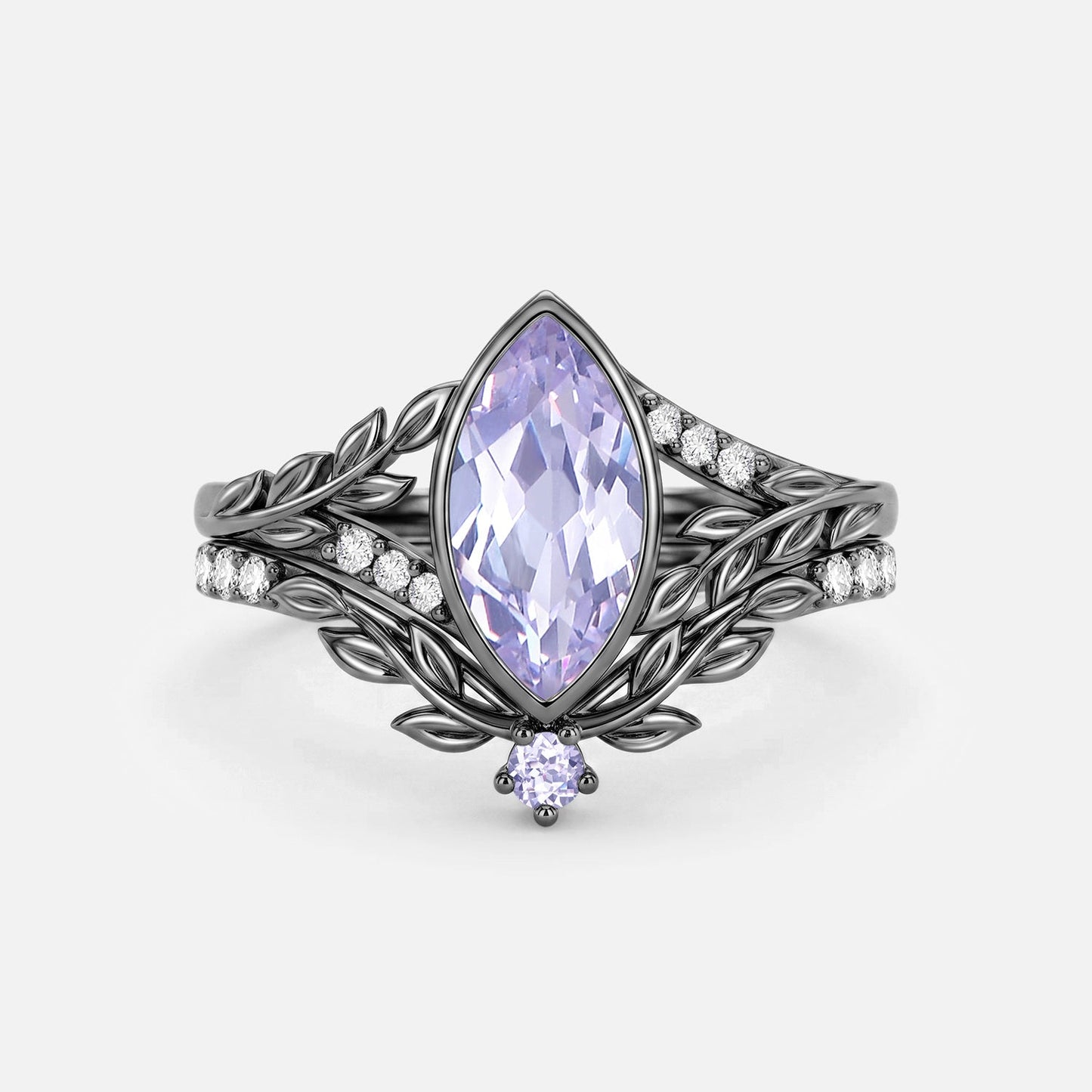 Marquise Cut Lab Lavender Sapphire Bezel Leafy Engagement Ring Sets 2pcs - Nala