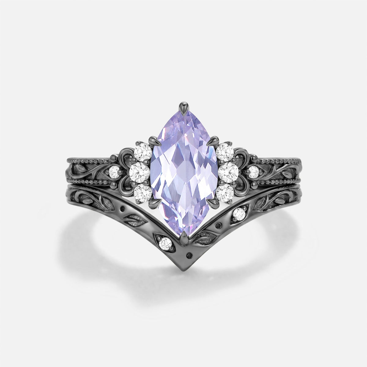 Marquise Lab Lavender Sapphire Engraved Engagement Ring Set 2pcs - Rosalind
