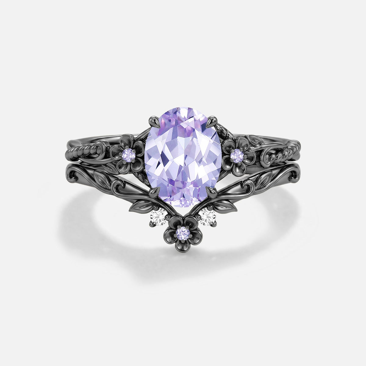 Oval Shaped Lab Lavender Sapphire Flower Engagement Ring Set 2pcs - Meridian