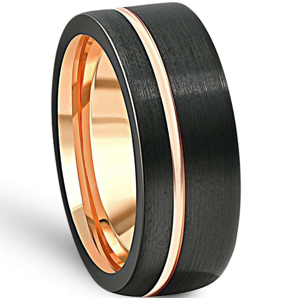 Men's Brushed Black Tungsten Rose Gold Plated Two Tone 8mm Ring Wedding Band