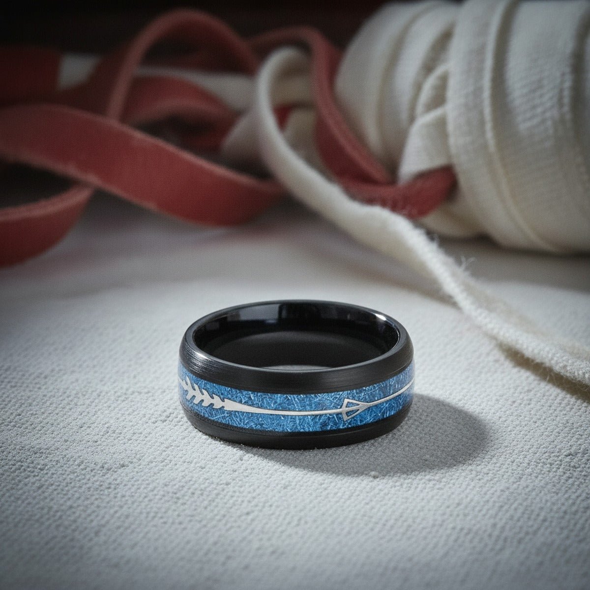 HALCYON | Black Tungsten Ring, Blue Meteorite-Style Arrow Inlay, 8mm