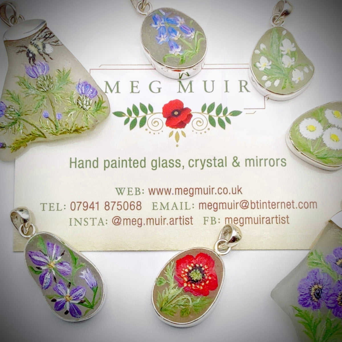 Hand Painted Sea Glass Pendant | Nasturtium | September Birth Flower | Sterling Silver