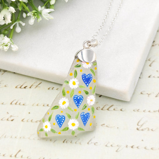 Hand Painted Sea Glass Pendant | Hearts and Flowers | Sterling Silver