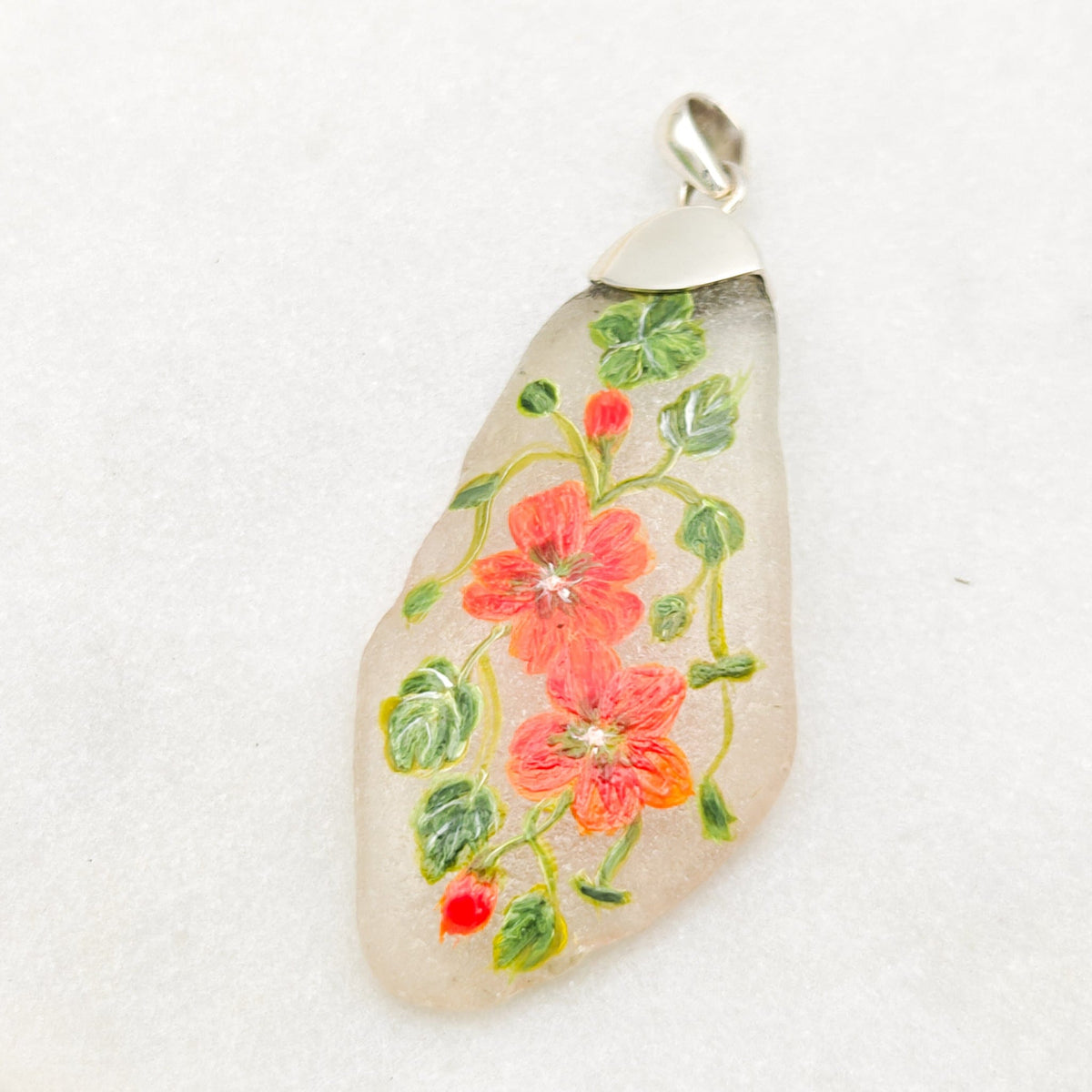 Hand Painted Sea Glass Pendant | Nasturtium | September Birth Flower | Sterling Silver