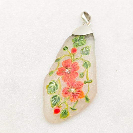 Hand Painted Sea Glass Pendant | Nasturtium | September Birth Flower | Sterling Silver
