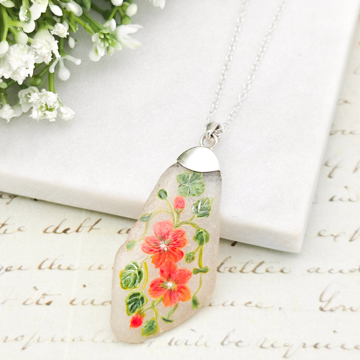 Hand Painted Sea Glass Pendant | Nasturtium | September Birth Flower | Sterling Silver