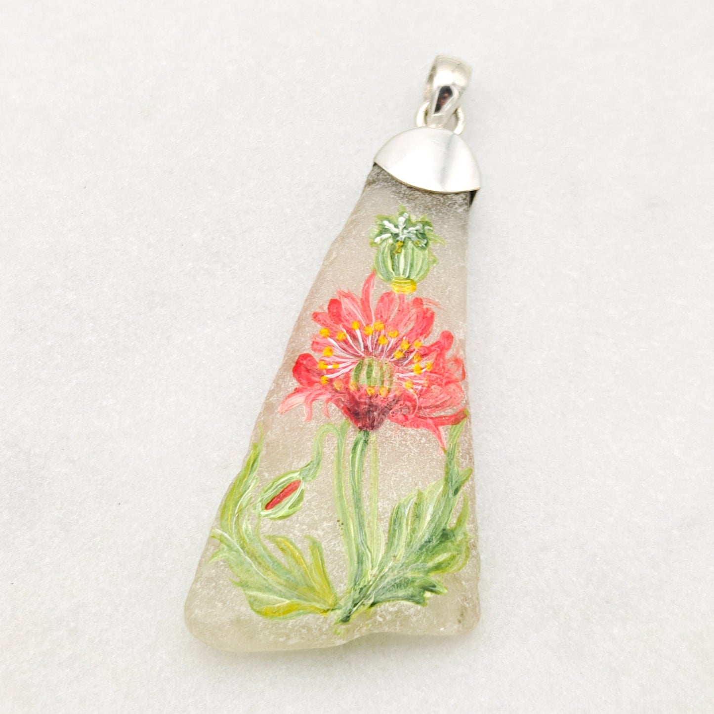Hand Painted Sea Glass Pendant | Poppy | August birth flower | Sterling Silver