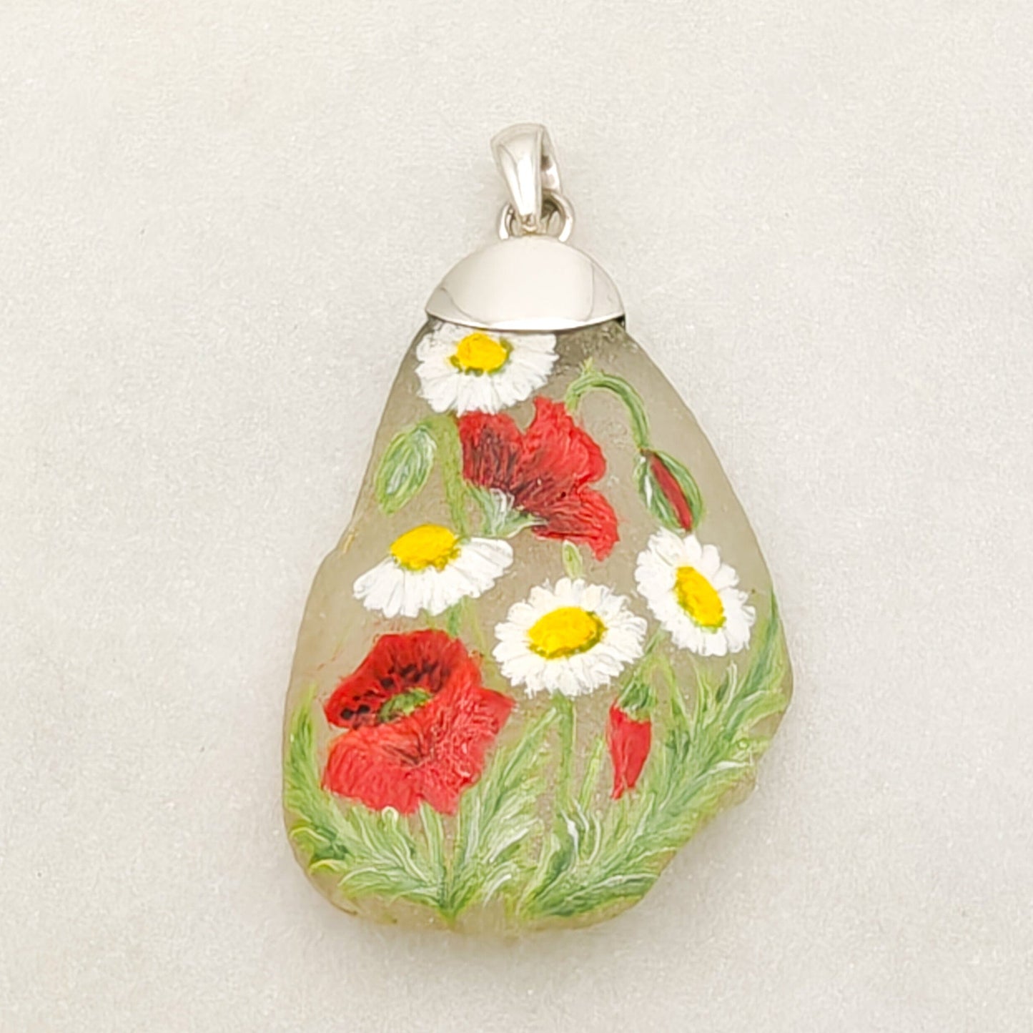 Hand Painted Sea Glass Pendant | Poppy | August birth flower | Sterling Silver