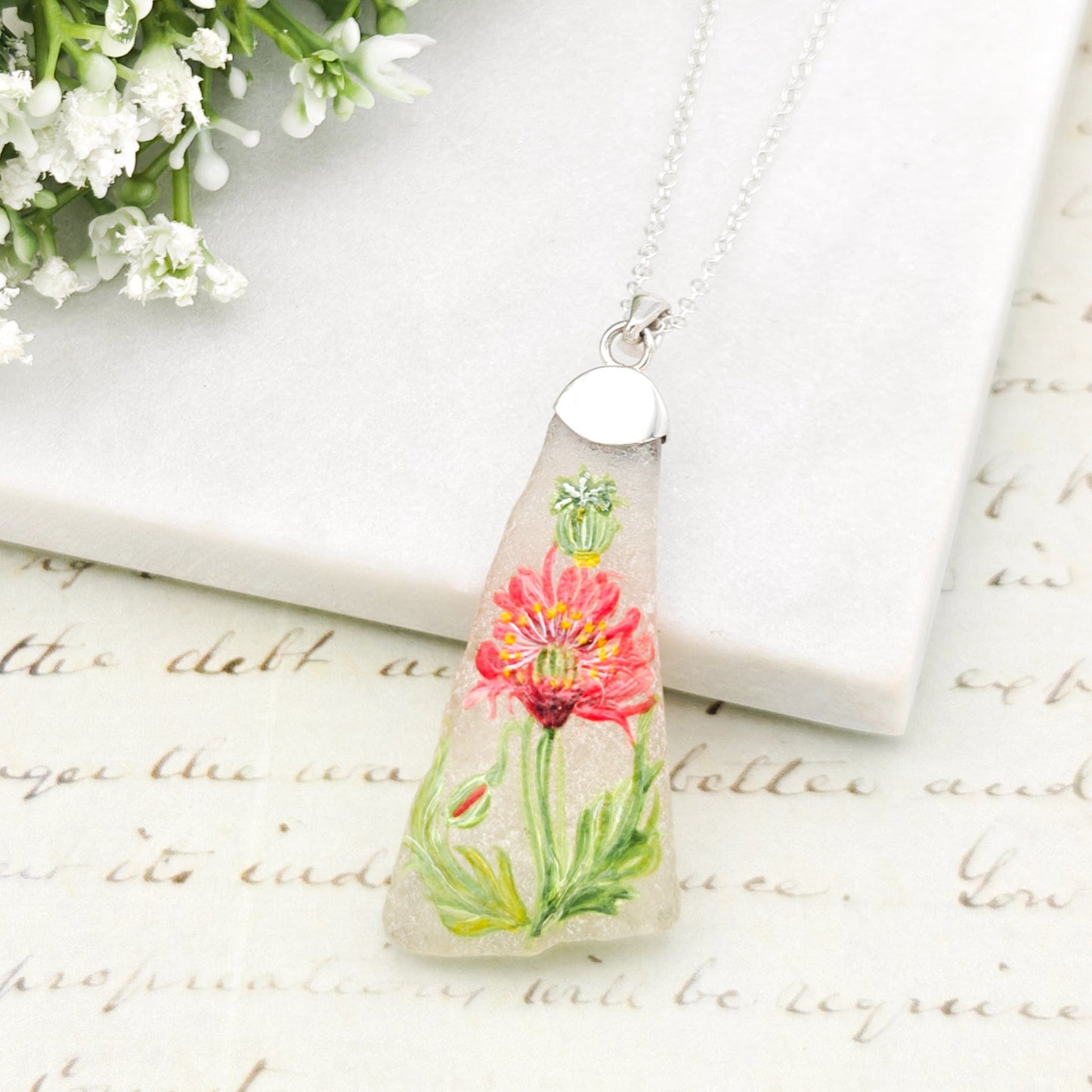 Hand Painted Sea Glass Pendant | Poppy | August birth flower | Sterling Silver