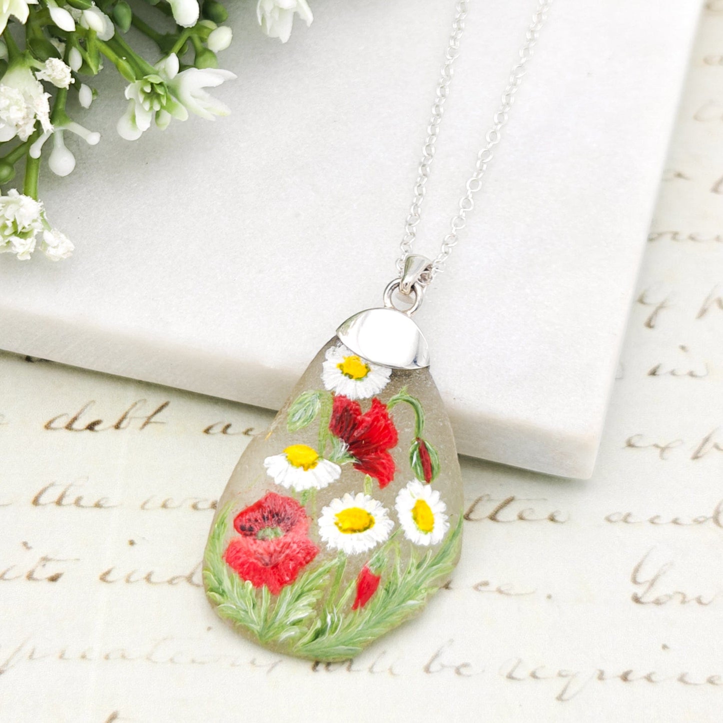 Hand Painted Sea Glass Pendant | Poppy | August birth flower | Sterling Silver