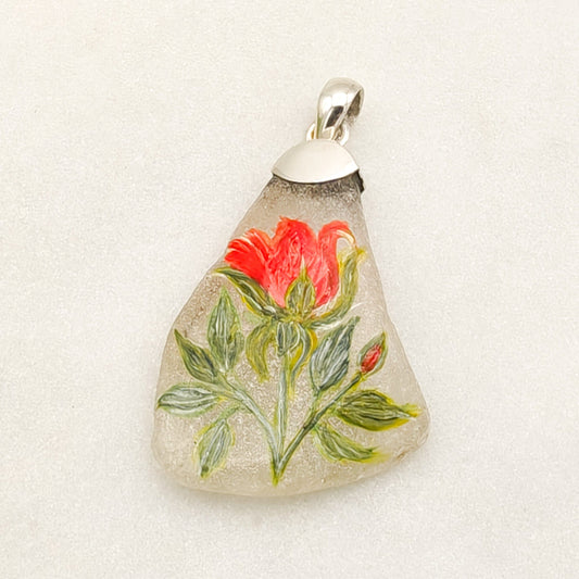 Hand Painted Sea Glass Pendant | Red Rose | June Birth Flower | Sterling Silver