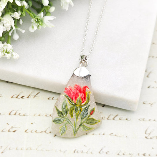 Hand Painted Sea Glass Pendant | Red Rose | June Birth Flower | Sterling Silver