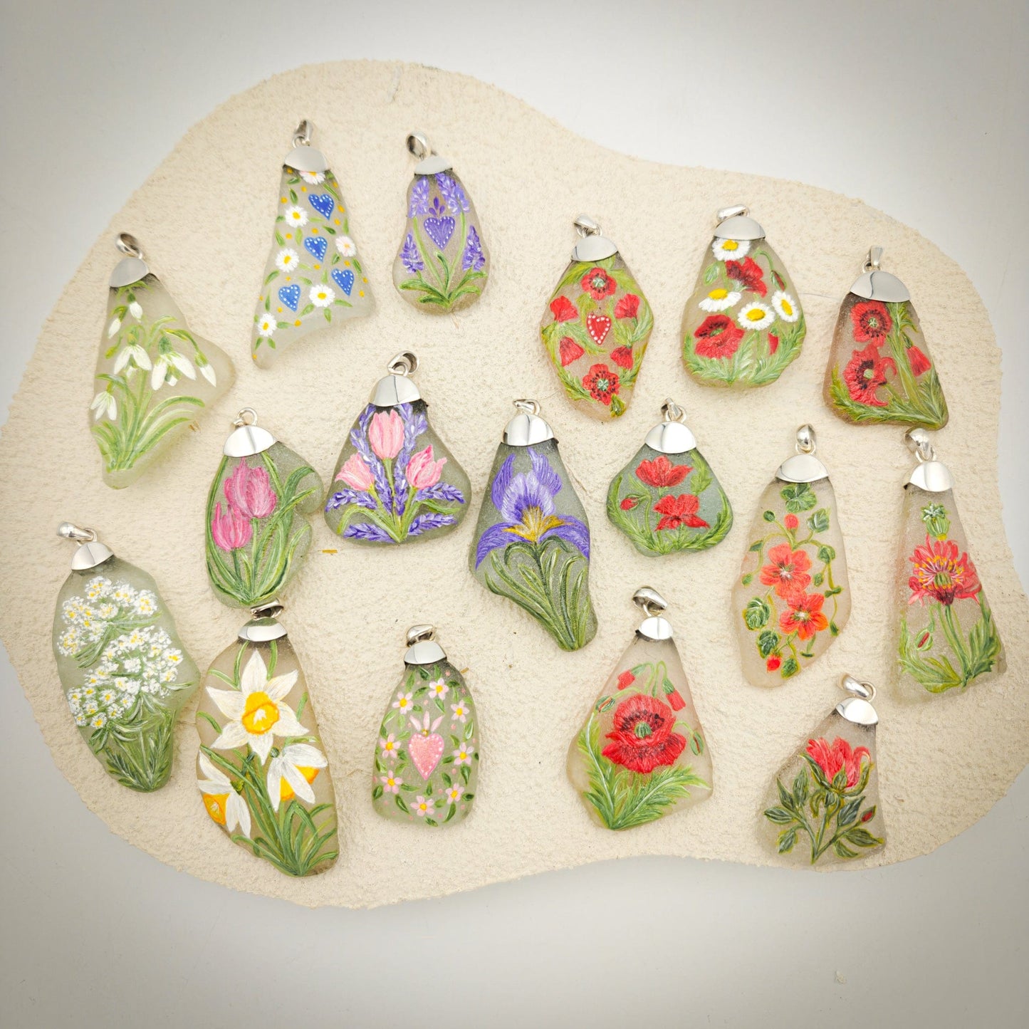 Hand Painted Sea Glass Pendant | Tulips | April Birth Flower | Sterling Silver