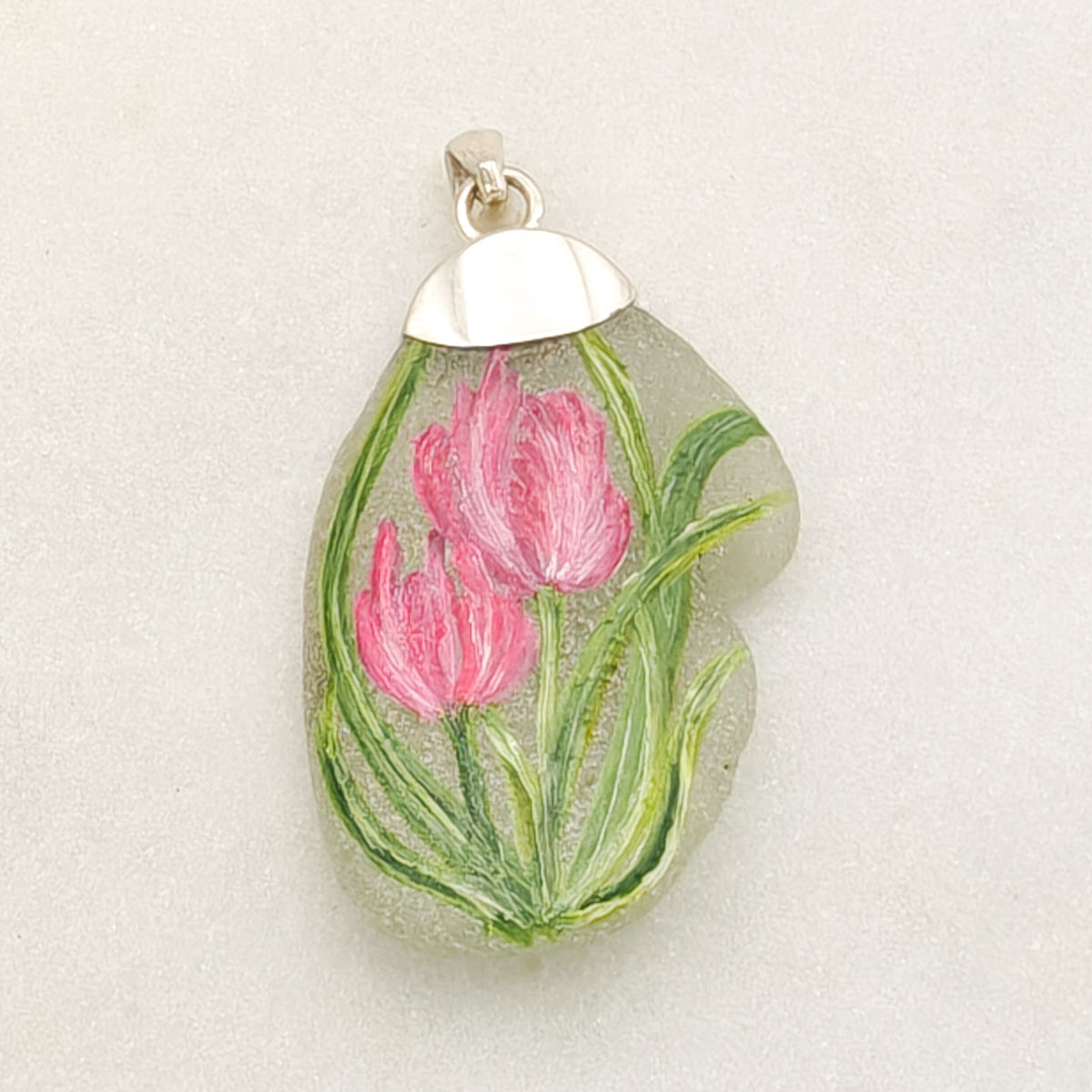 Hand Painted Sea Glass Pendant | Tulips | April Birth Flower | Sterling Silver