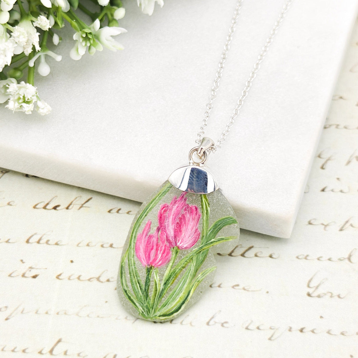 Hand Painted Sea Glass Pendant | Tulips | April Birth Flower | Sterling Silver