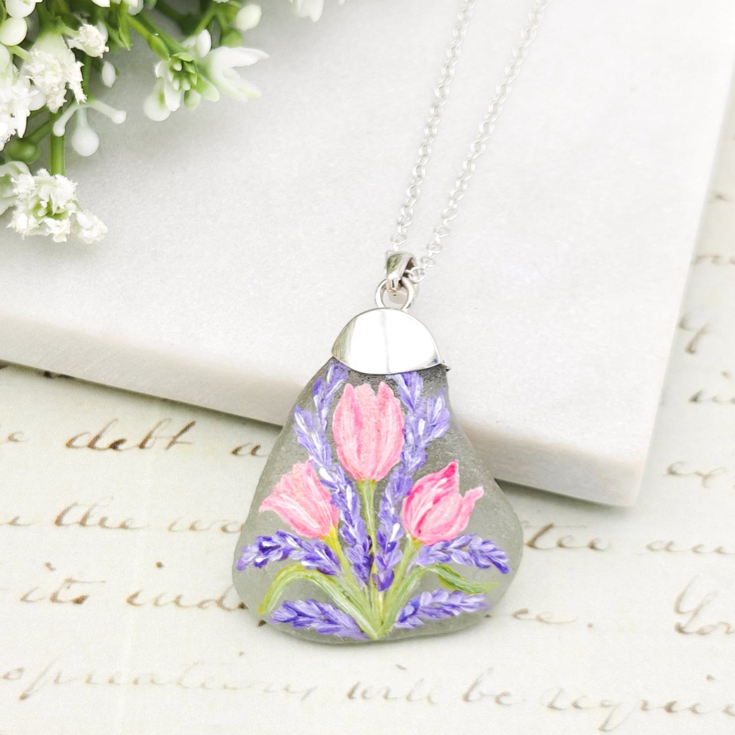 Hand Painted Sea Glass Pendant | Tulips | April Birth Flower | Sterling Silver
