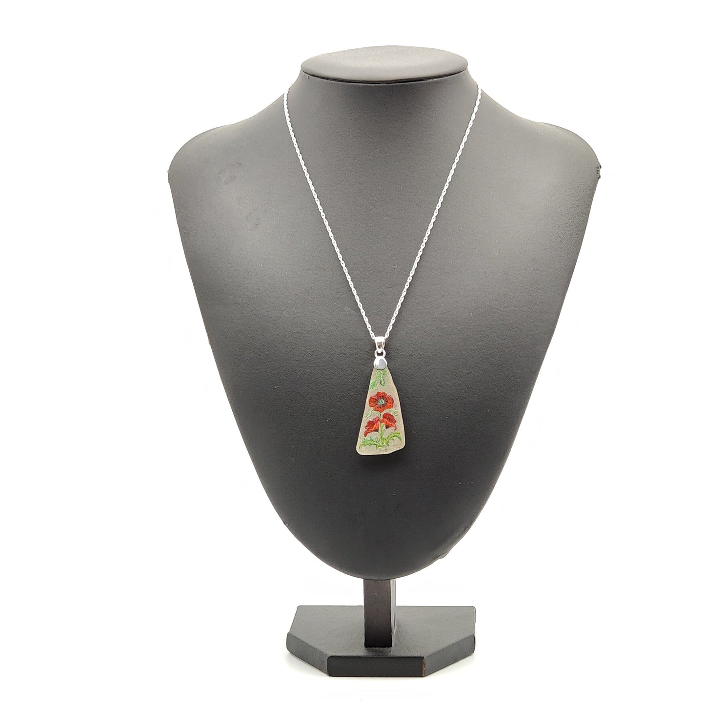 Hand Painted Sea Glass Pendant | Poppy | August birth flower | Sterling Silver