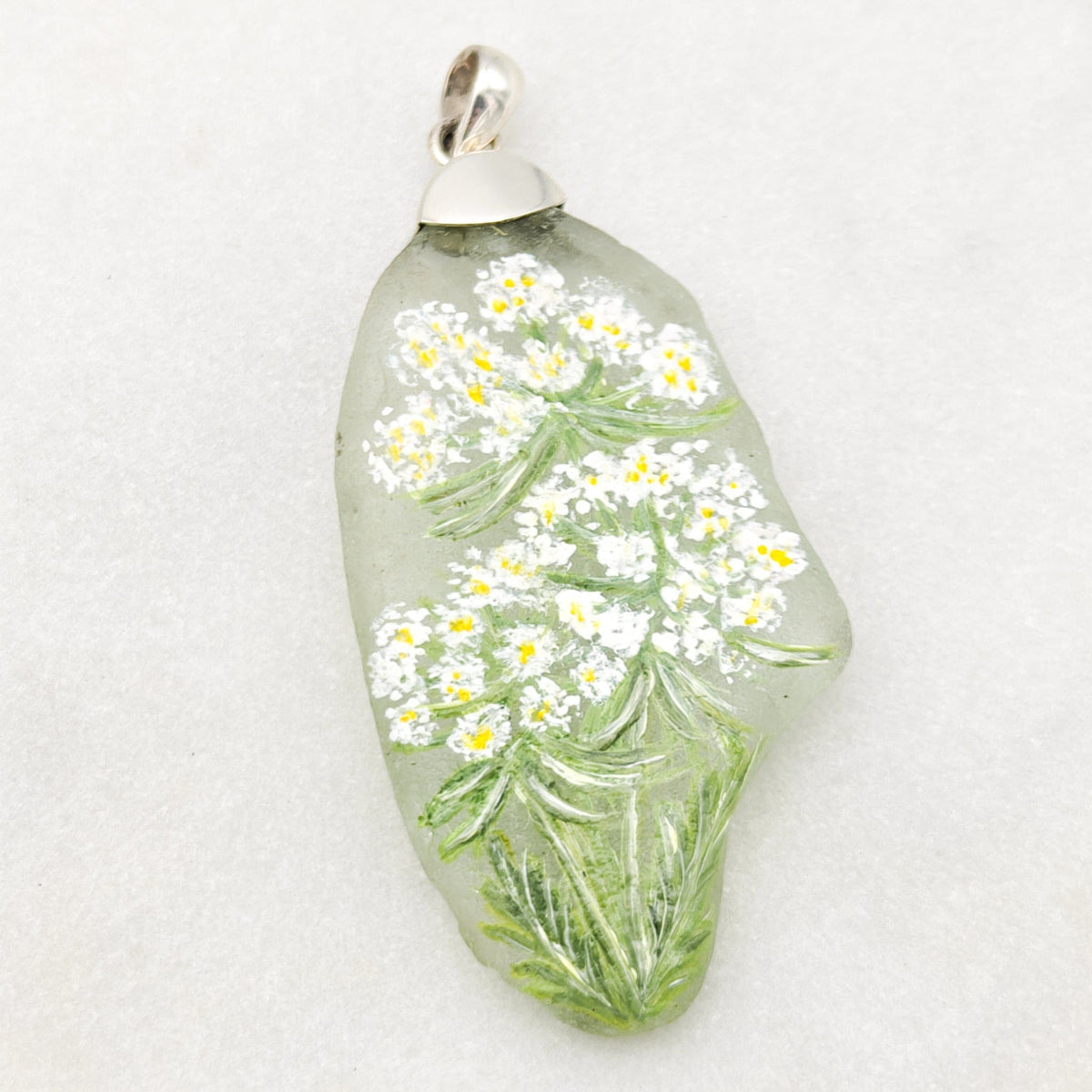 Hand Painted Sea Glass Pendant | Wildflowers | Botanical Gift | Sterling Silver