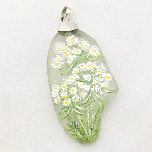 Hand Painted Sea Glass Pendant | Wildflowers | Botanical Gift | Sterling Silver