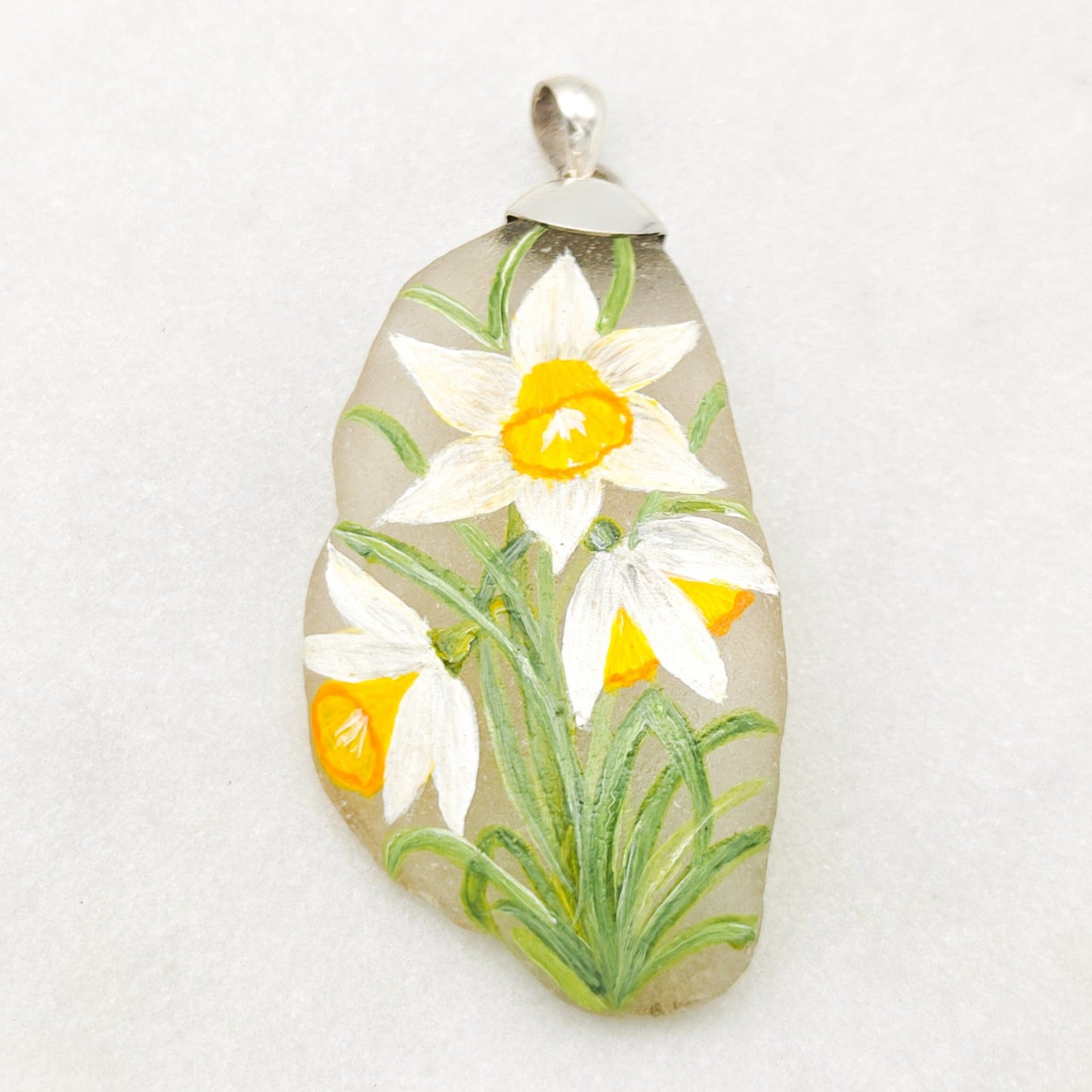 Hand Painted Sea Glass Pendant | Wildflowers | Botanical Gift | Sterling Silver