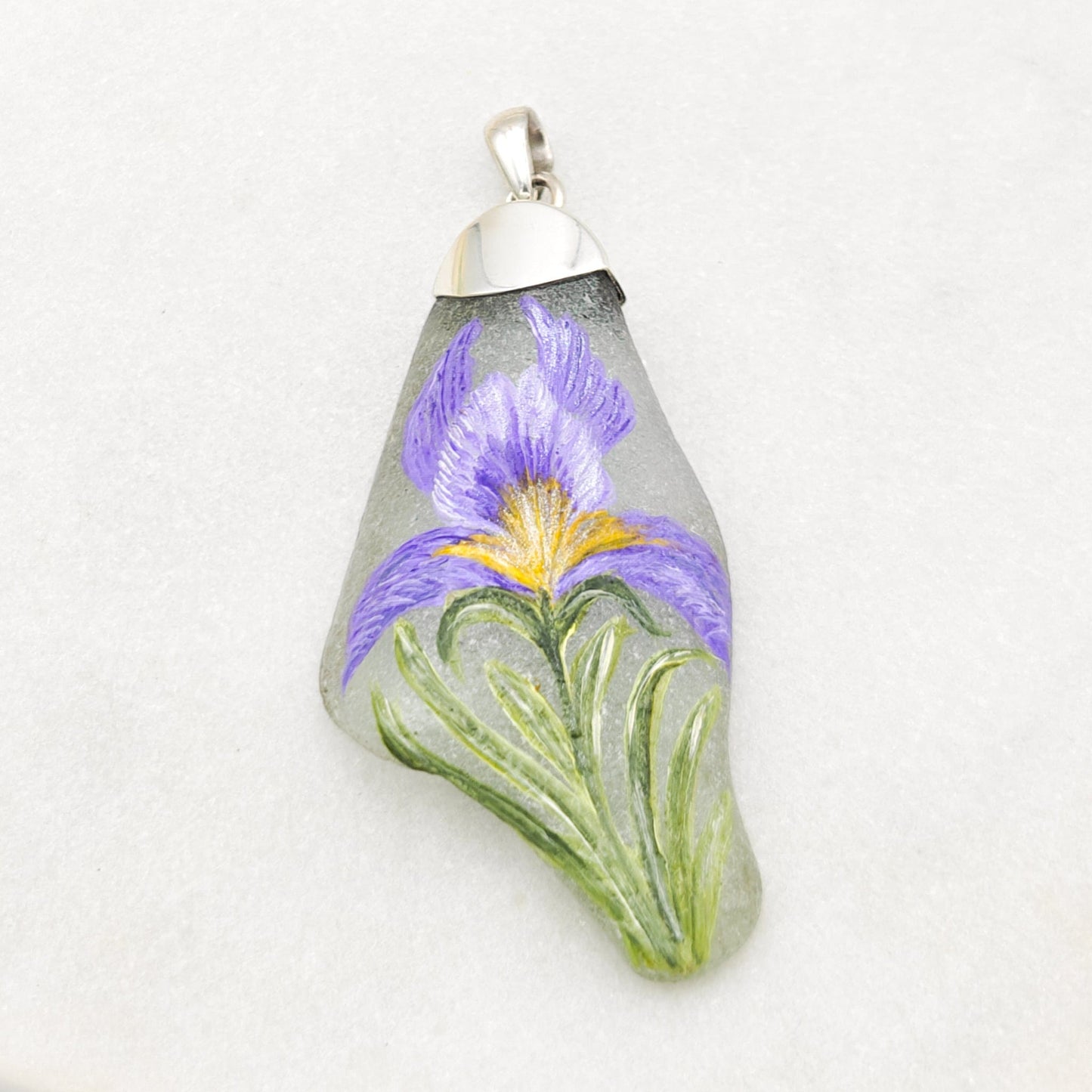 Hand Painted Sea Glass Pendant | Wildflowers | Botanical Gift | Sterling Silver