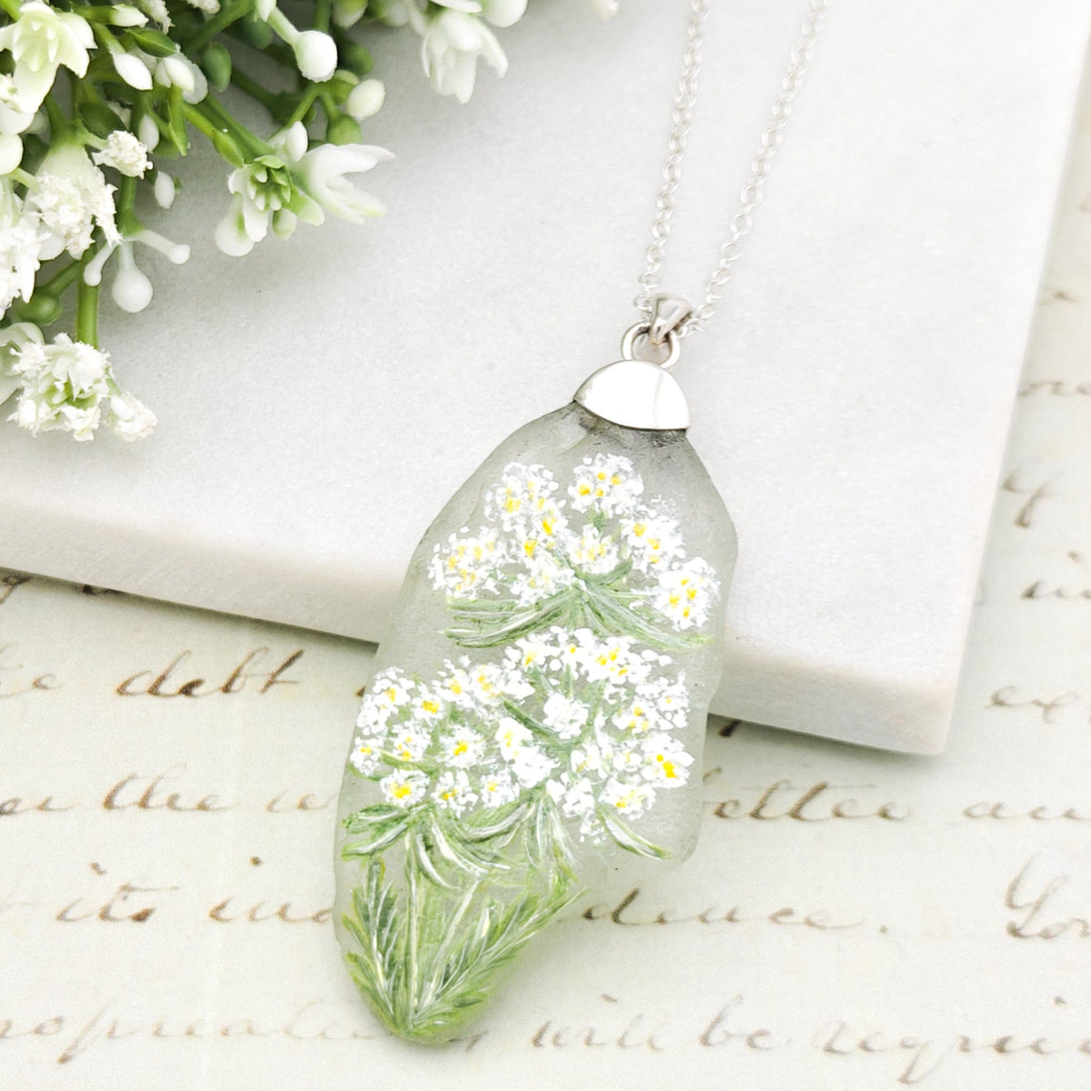 Hand Painted Sea Glass Pendant | Wildflowers | Botanical Gift | Sterling Silver