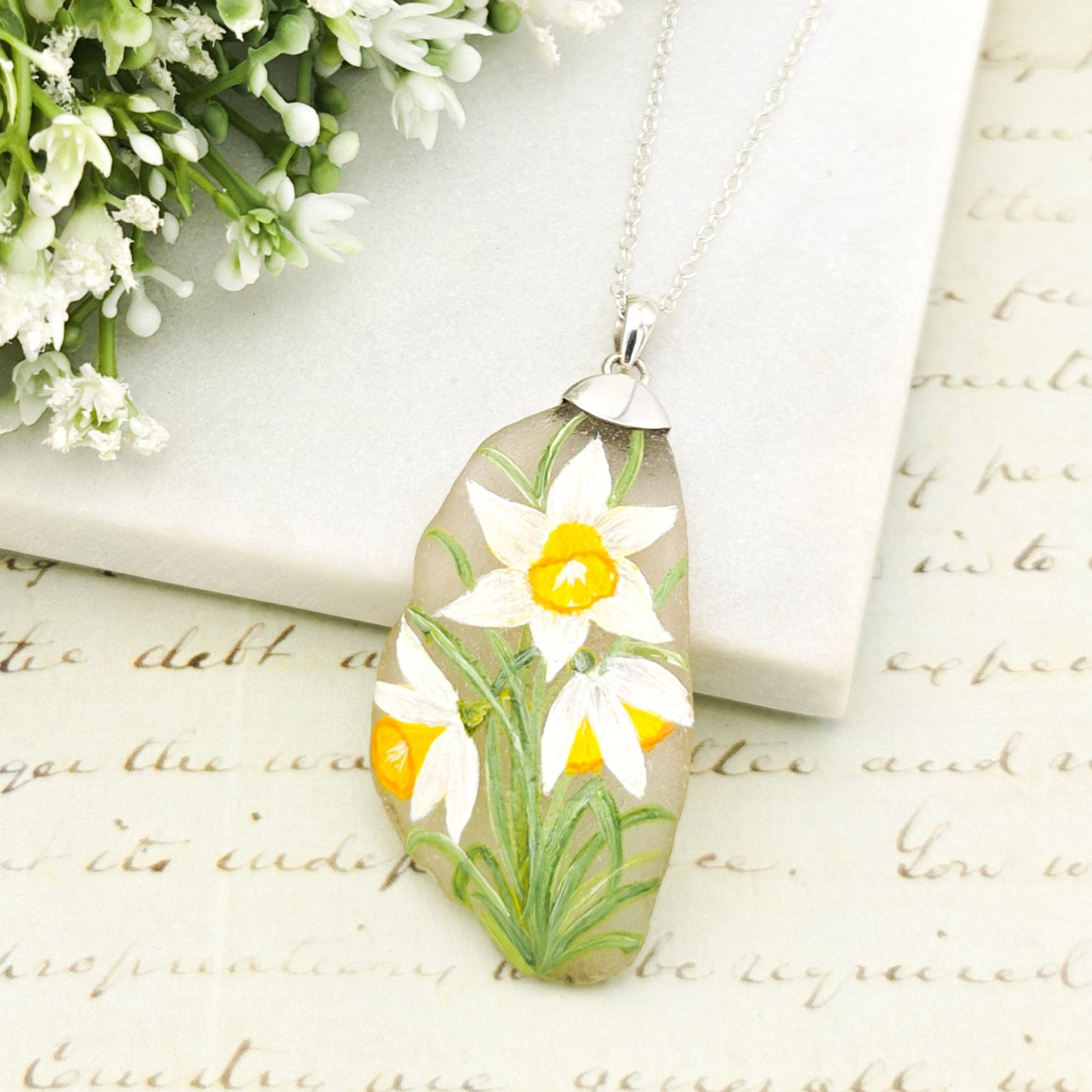 Hand Painted Sea Glass Pendant | Wildflowers | Botanical Gift | Sterling Silver