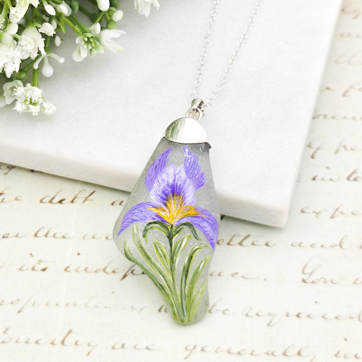 Hand Painted Sea Glass Pendant | Wildflowers | Botanical Gift | Sterling Silver