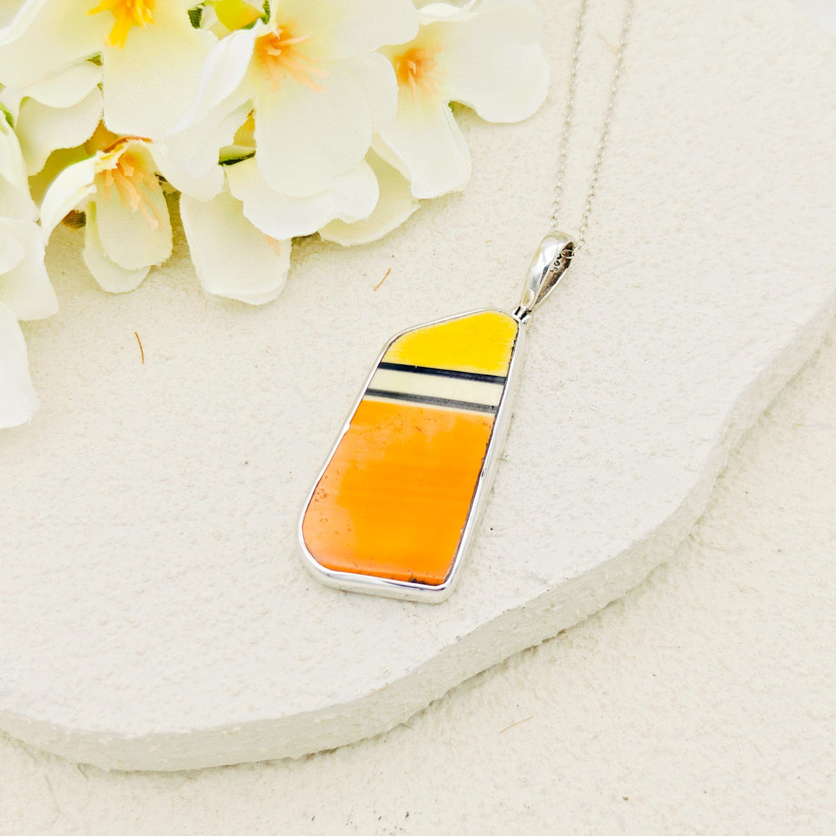 Fantasque Orange and Yellow Clarice Cliff Art Deco Necklace | Upcycled Sterling Silver Heritage Jewellery