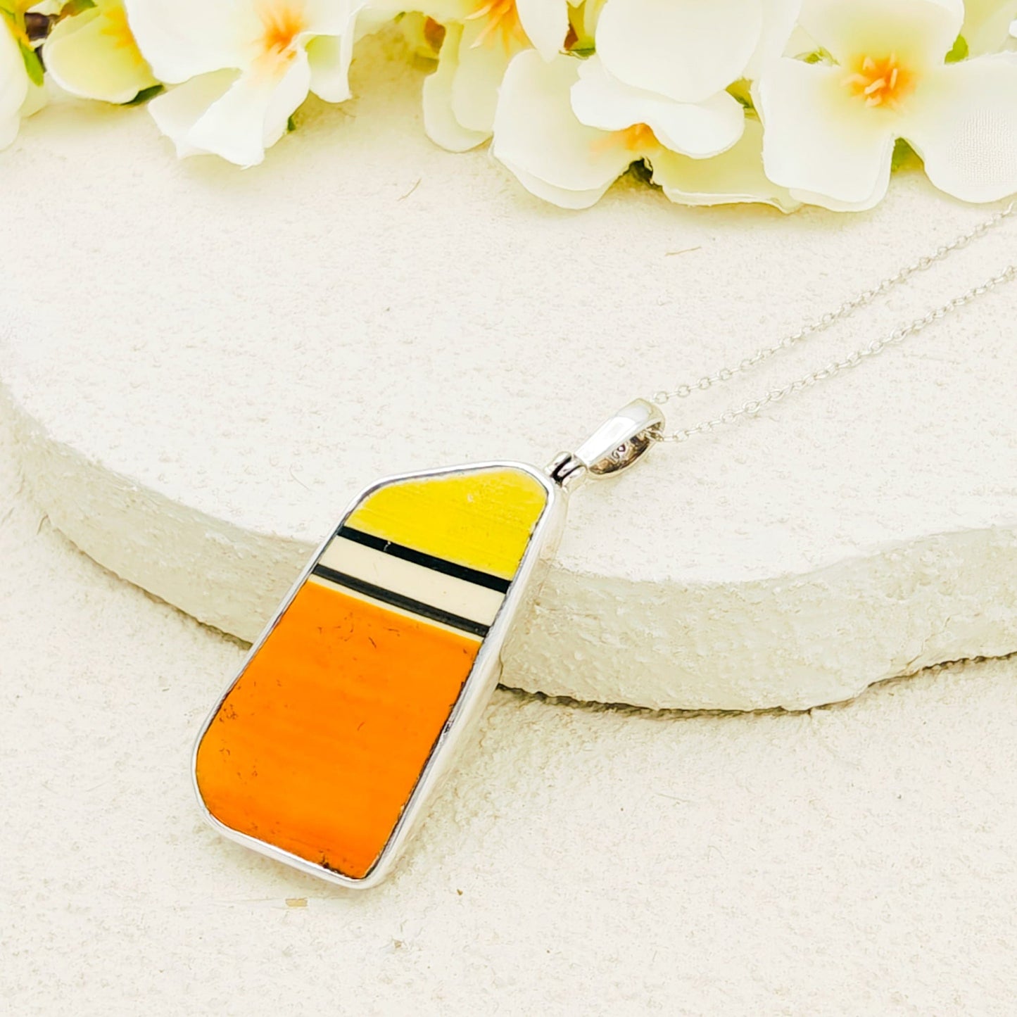 Fantasque Orange and Yellow Clarice Cliff Art Deco Necklace | Upcycled Sterling Silver Heritage Jewellery