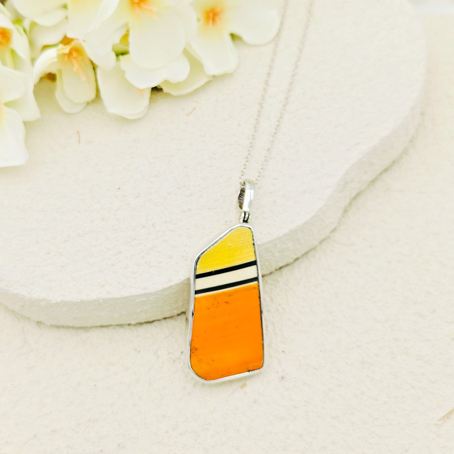 Fantasque Orange and Yellow Clarice Cliff Art Deco Necklace | Upcycled Sterling Silver Heritage Jewellery