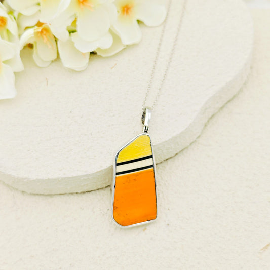 Fantasque Orange and Yellow Clarice Cliff Art Deco Necklace | Upcycled Sterling Silver Heritage Jewellery