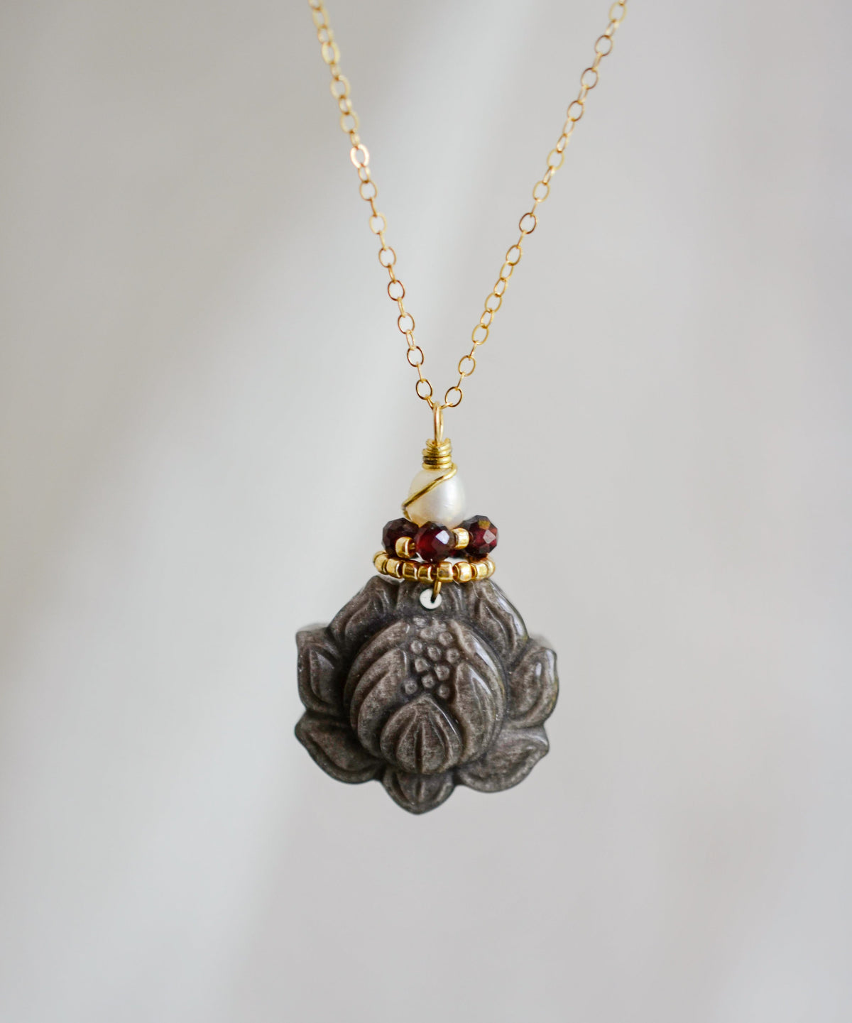 Lotus Necklace: Silver Obsidian