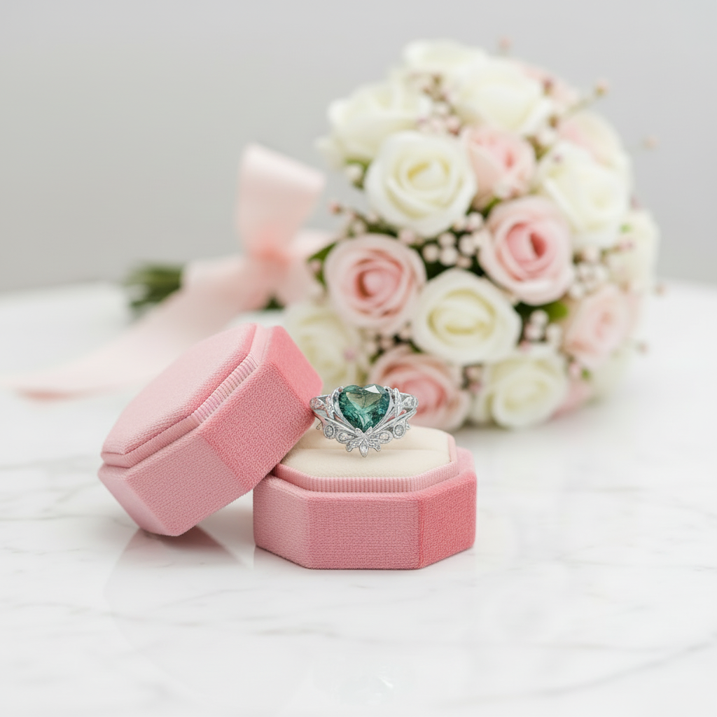 Heart Shaped Moss Agate Engagement Ring Set